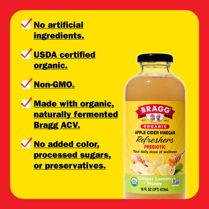 ⁦Bragg Organic Apple Cider Vinegar Refresher, Ginger Lemon Honey, 16 fl oz⁩ - الصورة ⁦2⁩