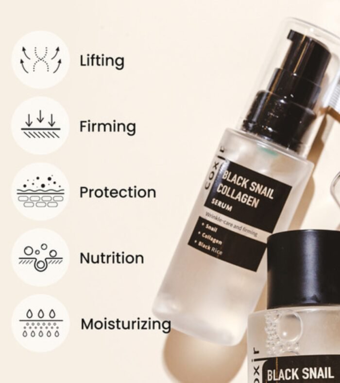 ⁦coxir BLACK SNAIL COLLAGEN SERUM l Black-3-Complex: Black Rice, Bean, Sesame, Snail Mucin, Collagen, Peptide l Firming&Lifting⁩ - الصورة ⁦3⁩