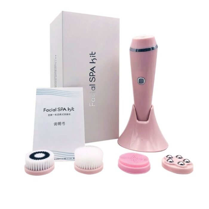 4-in-1 Electric Powered Facial Cleansing Brush Exfoliating Brush And Face Massager Skin SPA Kit, Rechargeable Waterproof Deep Cleansing And Soft Touch, For Skin Care and Beauty. (Pink)