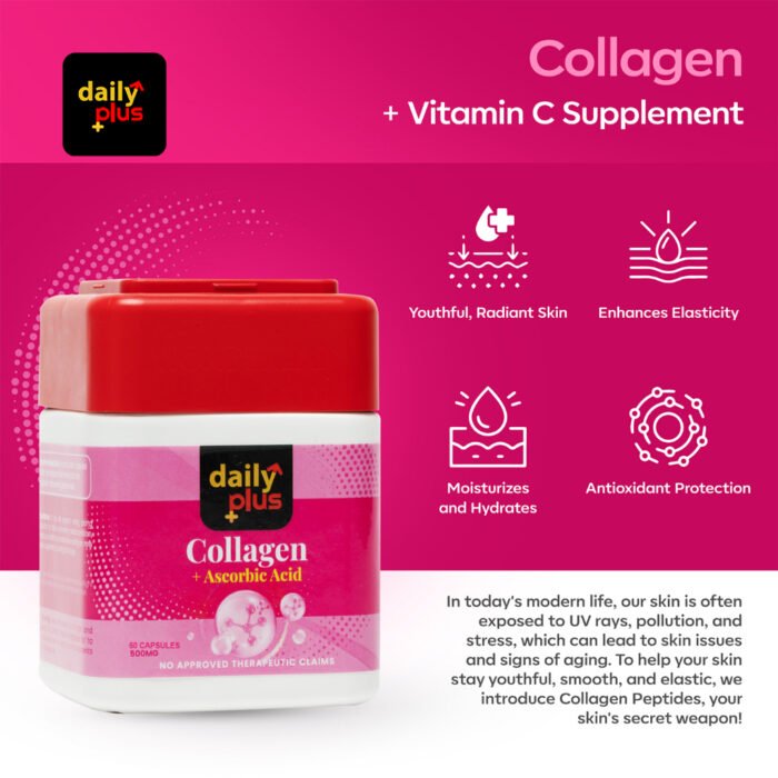 ⁦Daily Plus collagen + Ascorbic Acid SUPPLEMENT 60 Capsule, 500 mg⁩ - الصورة ⁦6⁩