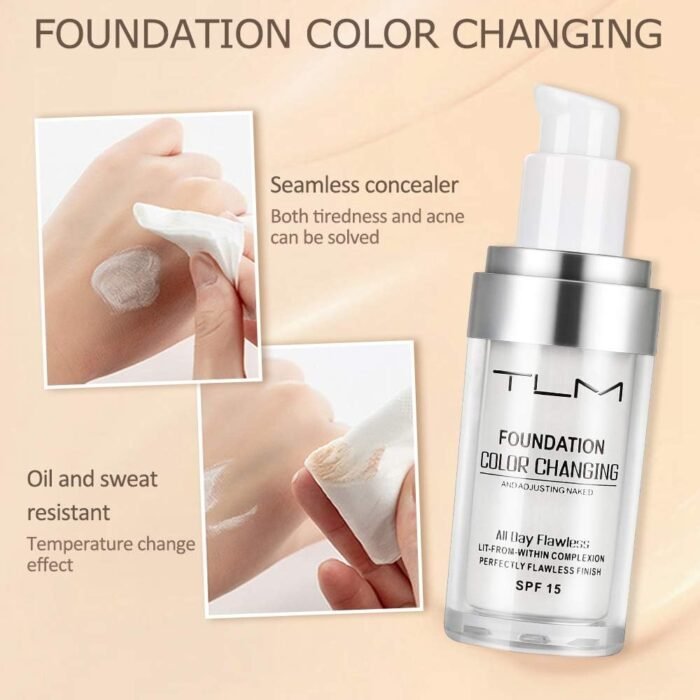 ⁦TLM Colour Changing Liquid Foundation Hides Wrinkles & Lines, BB Cream Makeup Base Concealer Cover Moisturizing Fluid for all Skin Tone SPF15, Pack of 1⁩ - الصورة ⁦3⁩