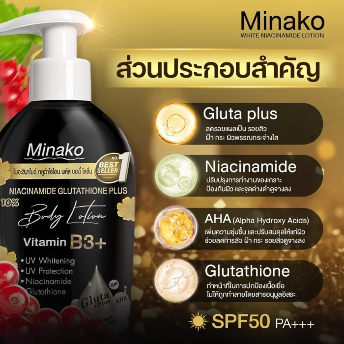 ⁦Minako Niacinamide Glutathione Plus Body Lotion - 500ml⁩ - الصورة ⁦2⁩